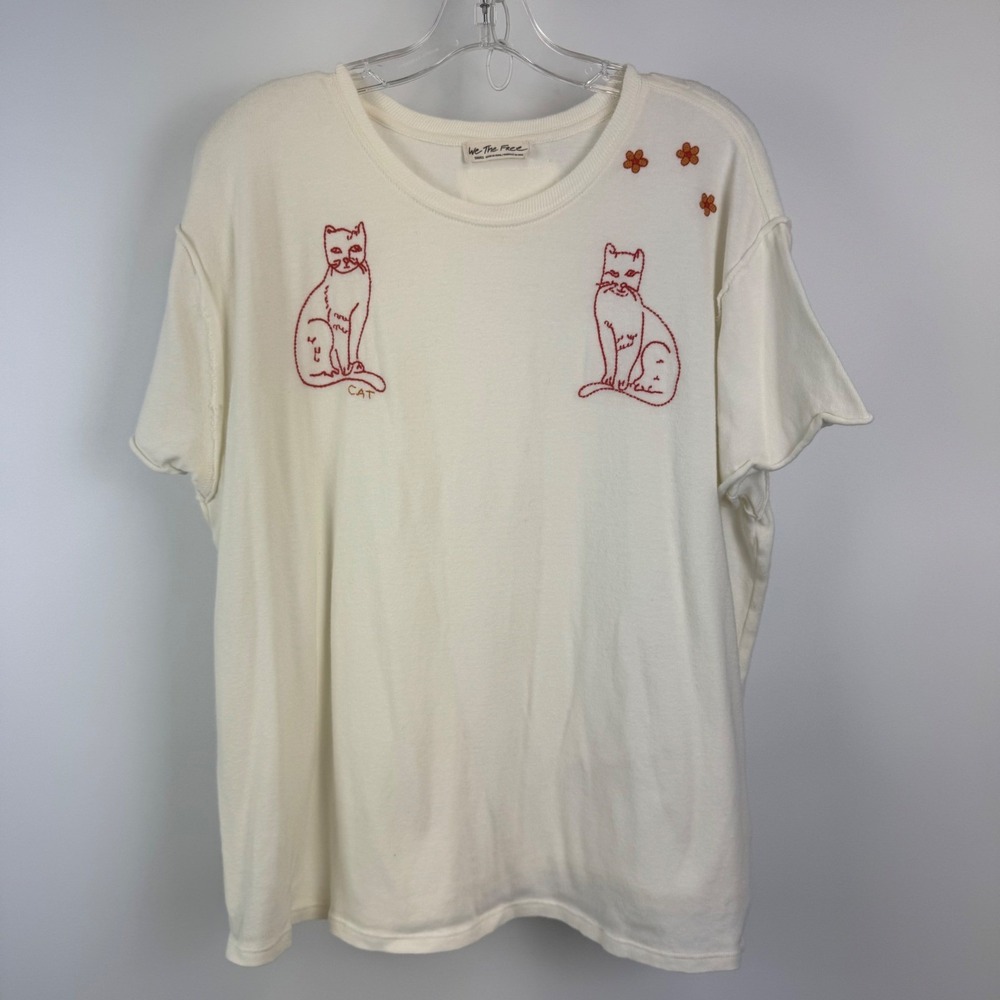 Anthropologie Cream Short Sleeve Tee with Red Cat Embroideries - Picture 2 of 14